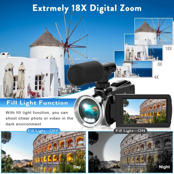 Video Camera Camcorder HD 4K 48MP Video Recorder Camera Vlogging Camera for YouTube Camcorders Video Camera for Kids with 3.0" LCD Screen,18X Digital Zoom and 32G SD Card - Image 3