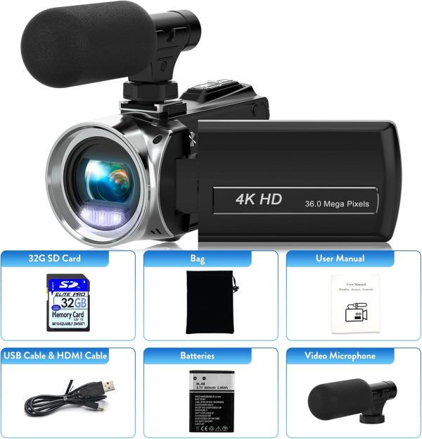 Video Camera Camcorder HD 4K 48MP Video Recorder Camera Vlogging Camera for YouTube Camcorders Video Camera for Kids with 3.0" LCD Screen,18X Digital Zoom and 32G SD Card - Image 8