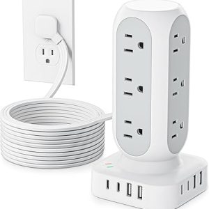 Tower Surge Protector Power Strip, 10FT Extension Cord with Multiple Outlets, Flat Plug Outlet Extender with 12 AC Outlets & 8 USB Ports, 24W Total Charging Station for Home Office Dorm Room