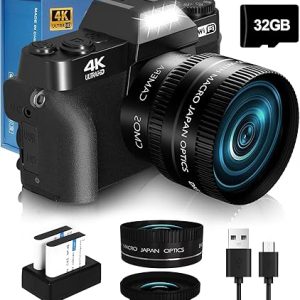 2024 Upgrade 4K 56MP Digital Camera for Photography NIKICAM Vlogging Camera for YouTube with 180° Flip Screen, WiFi,16X Digital Zoom, 52mm Lens, 2 Batteries, 32GB Micro SD Card(Black)
